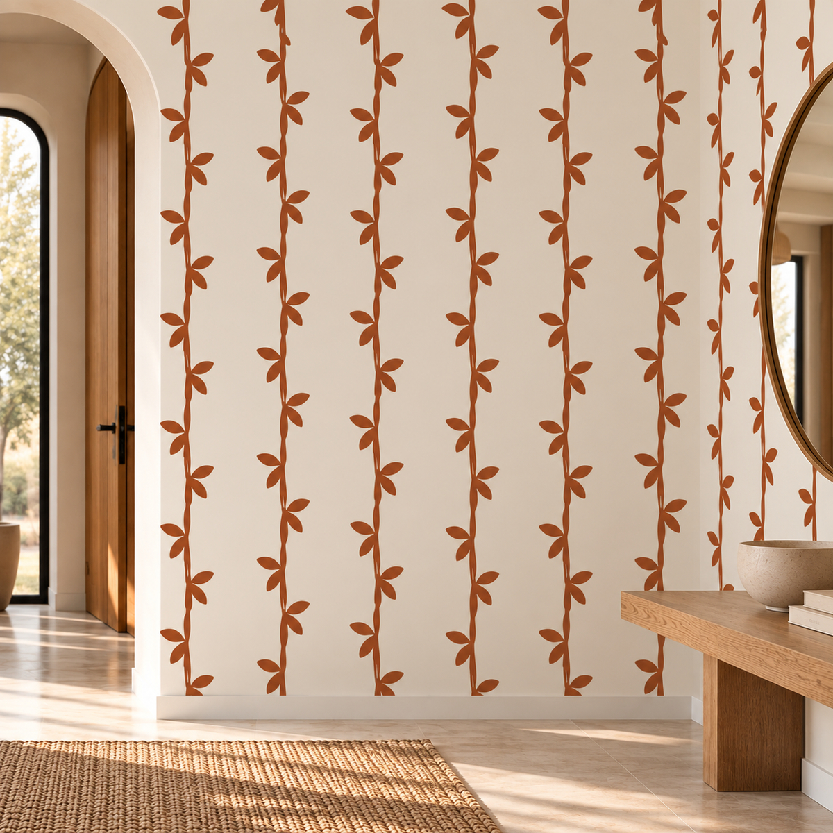 Bamboo Leaf Stencil in terracotta on a cream wall in a warm modern entryway.