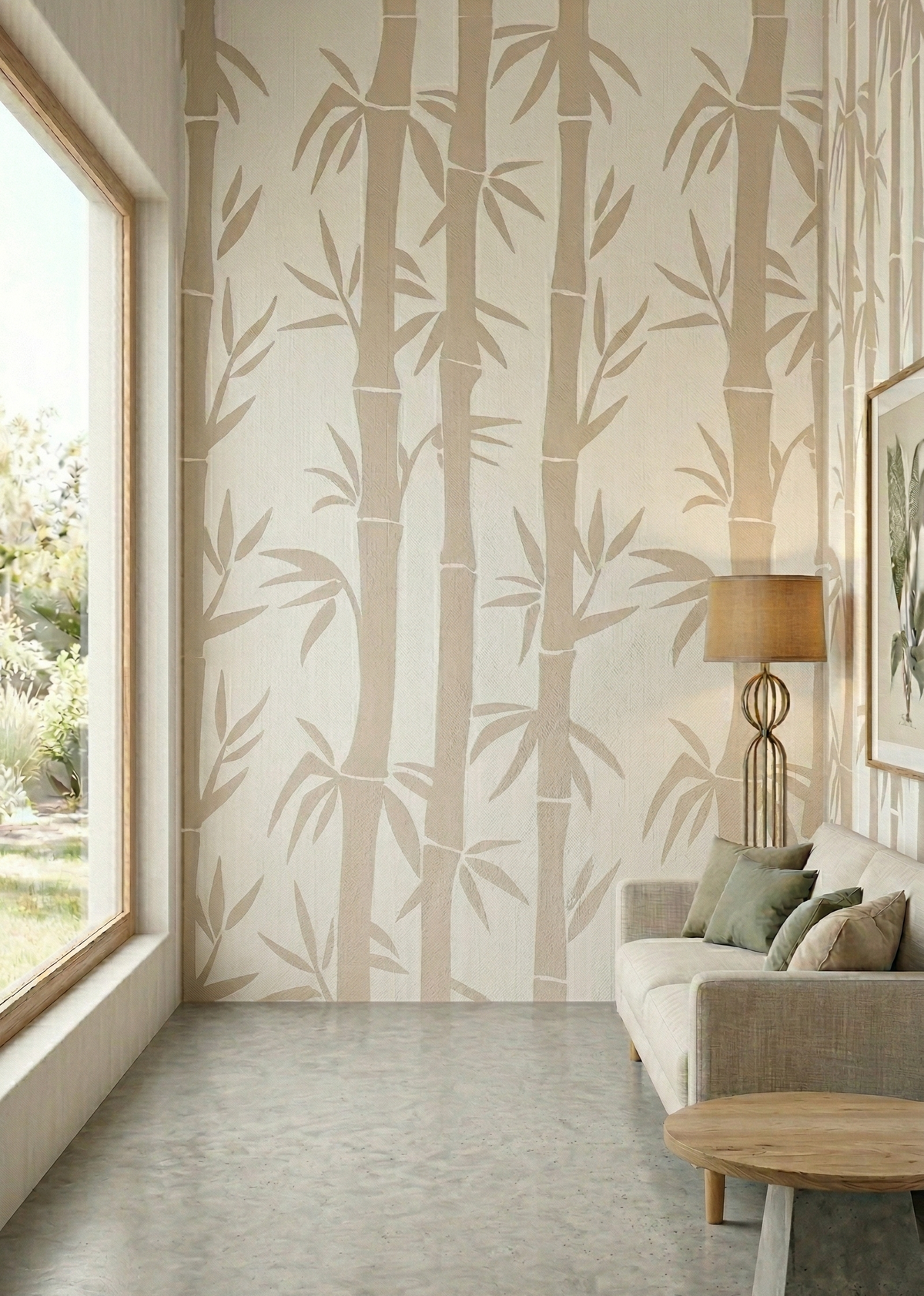 Bamboo wall stencil in soft beige color, creating a repeating vertical bamboo pattern in a bright minimalist living room with a sofa and large window.