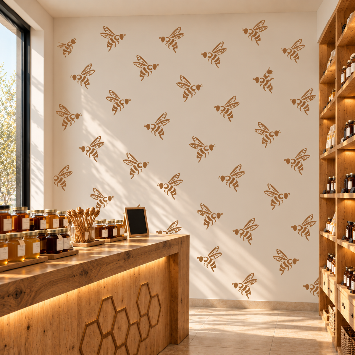 Golden bee stencil pattern decorating a cream wall inside an elegant honey shop with wooden shelves and jars of honey.