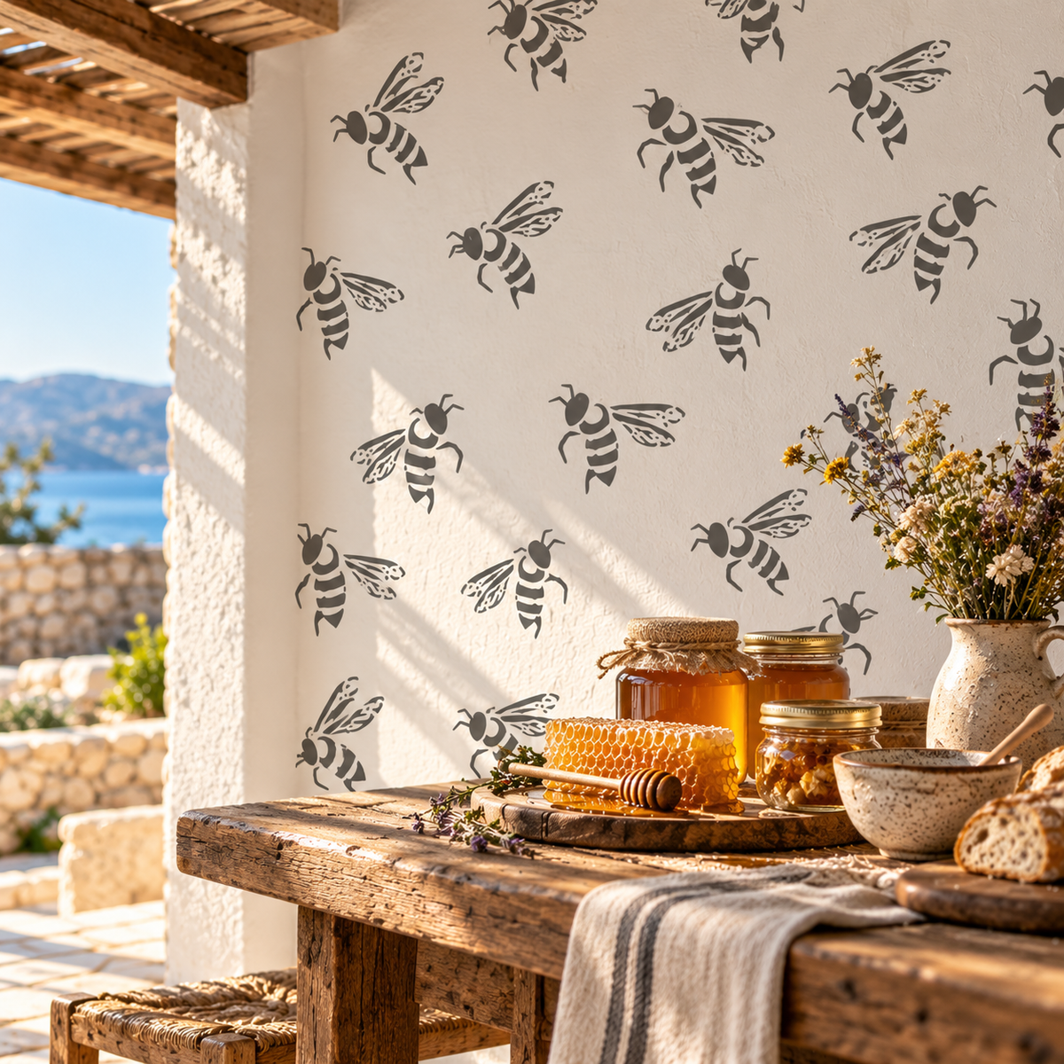 Gray bee stencil pattern decorating a white patio wall above a rustic table with honey jars, honeycomb, and wildflowers. 