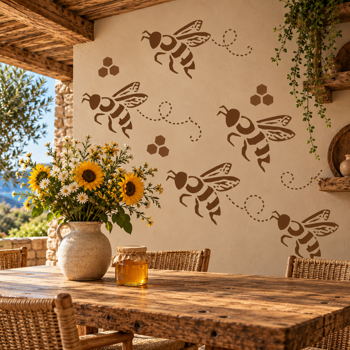 Brown bee stencils with dotted flight paths and honeycomb shapes painted on a rustic patio wall beside a wooden dining table and flowers. 
