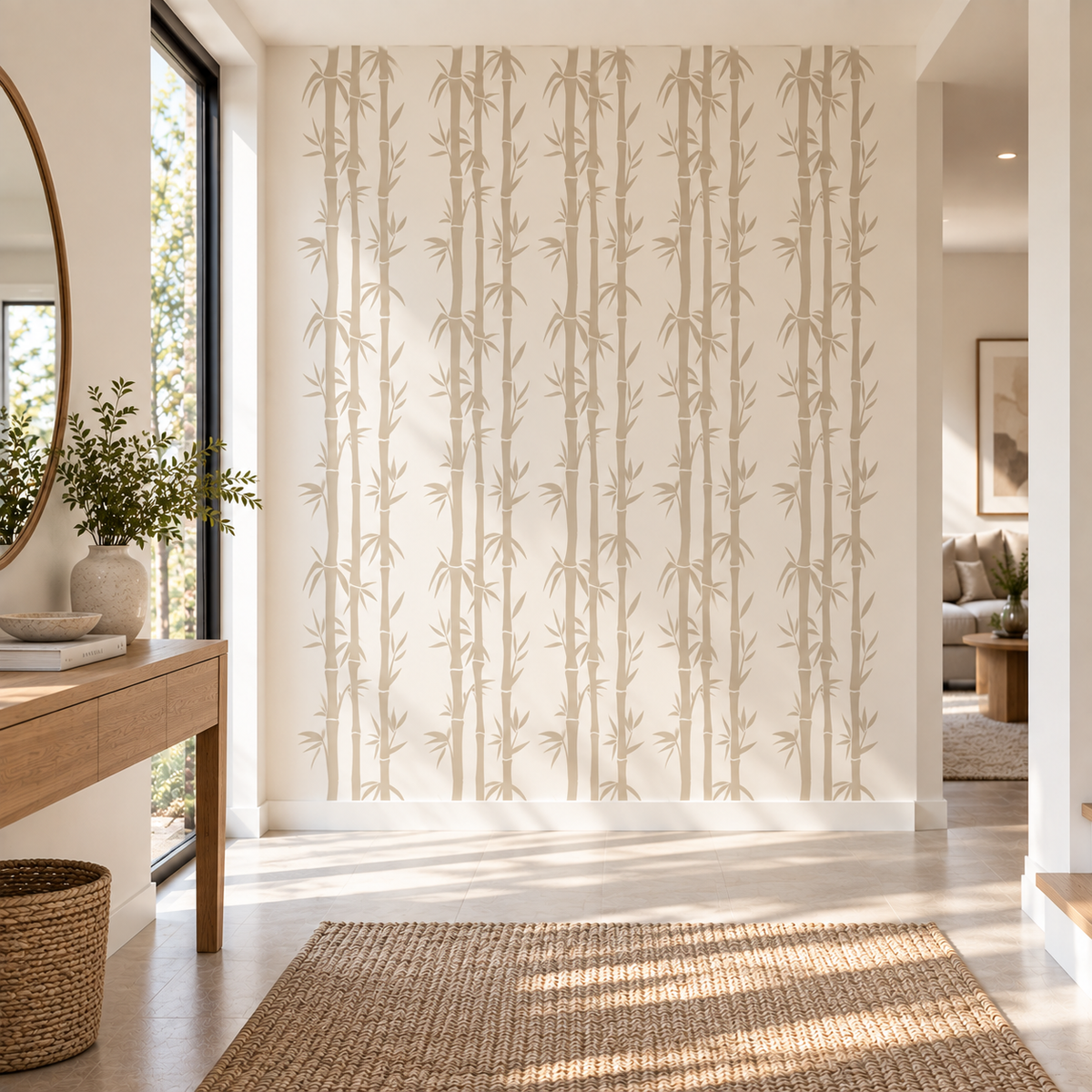Soft beige bamboo pattern across a bright Zen-inspired feature wall.