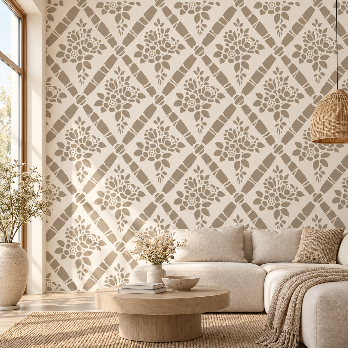 Beige floral diamond wall stencil pattern creating an elegant wallpaper effect in a neutral living room.