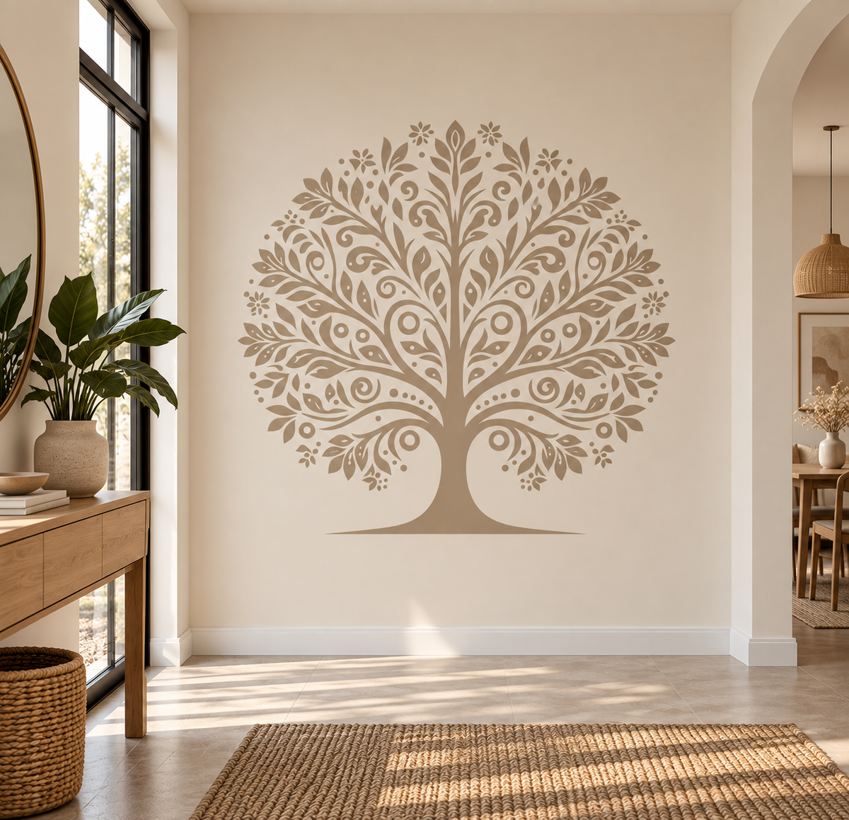 Beige tree of life wall stencil bringing a soft nature-inspired accent to a bright minimalist hallway.