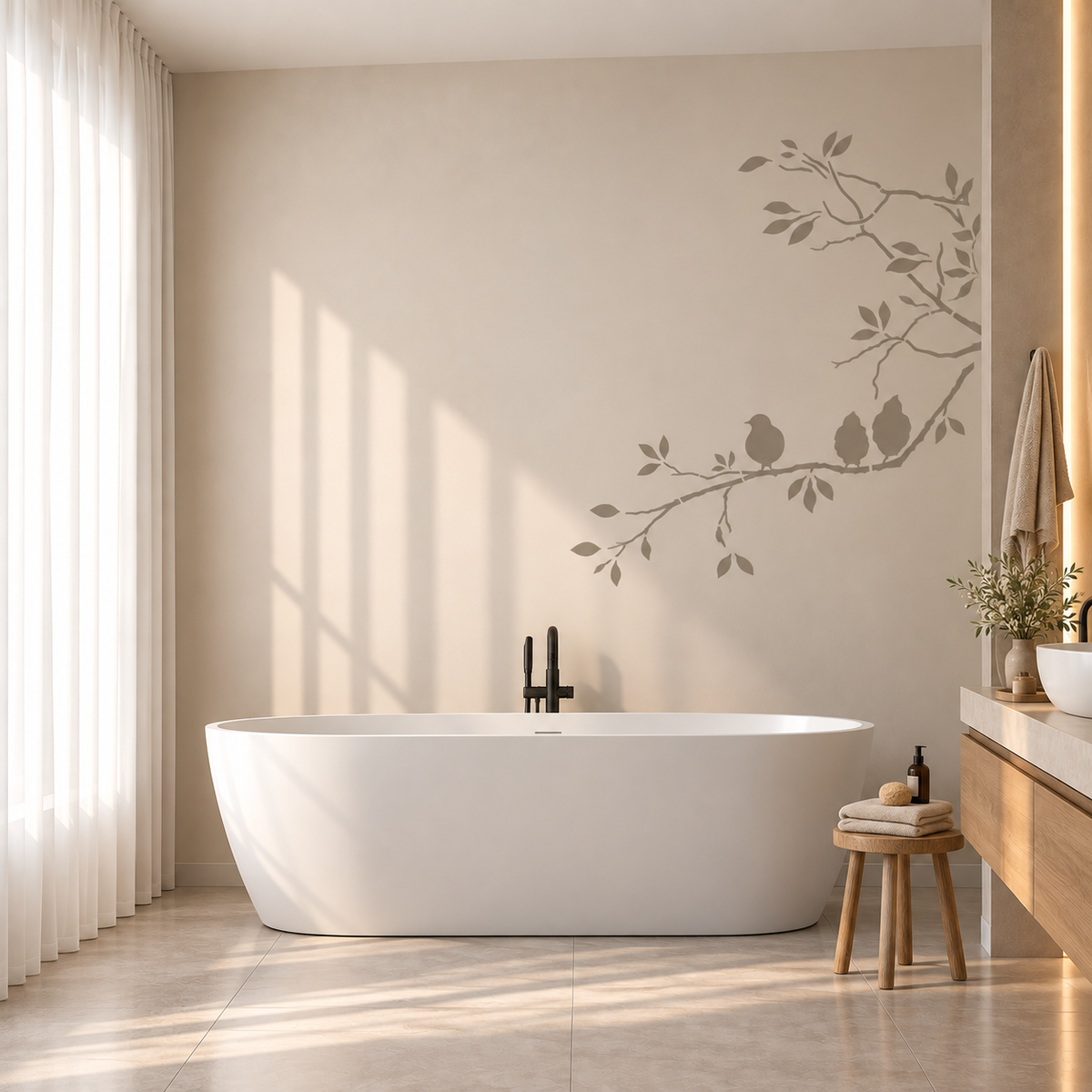 Bird Family Stencil in soft taupe with three birds and leafy branches on a neutral bathroom wall above a freestanding bathtub
