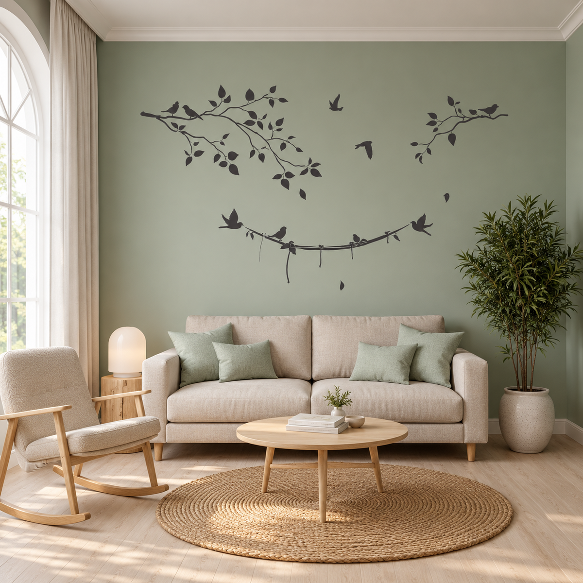 Birds and Leaves Wall Stencil in charcoal on a sage green living room wall