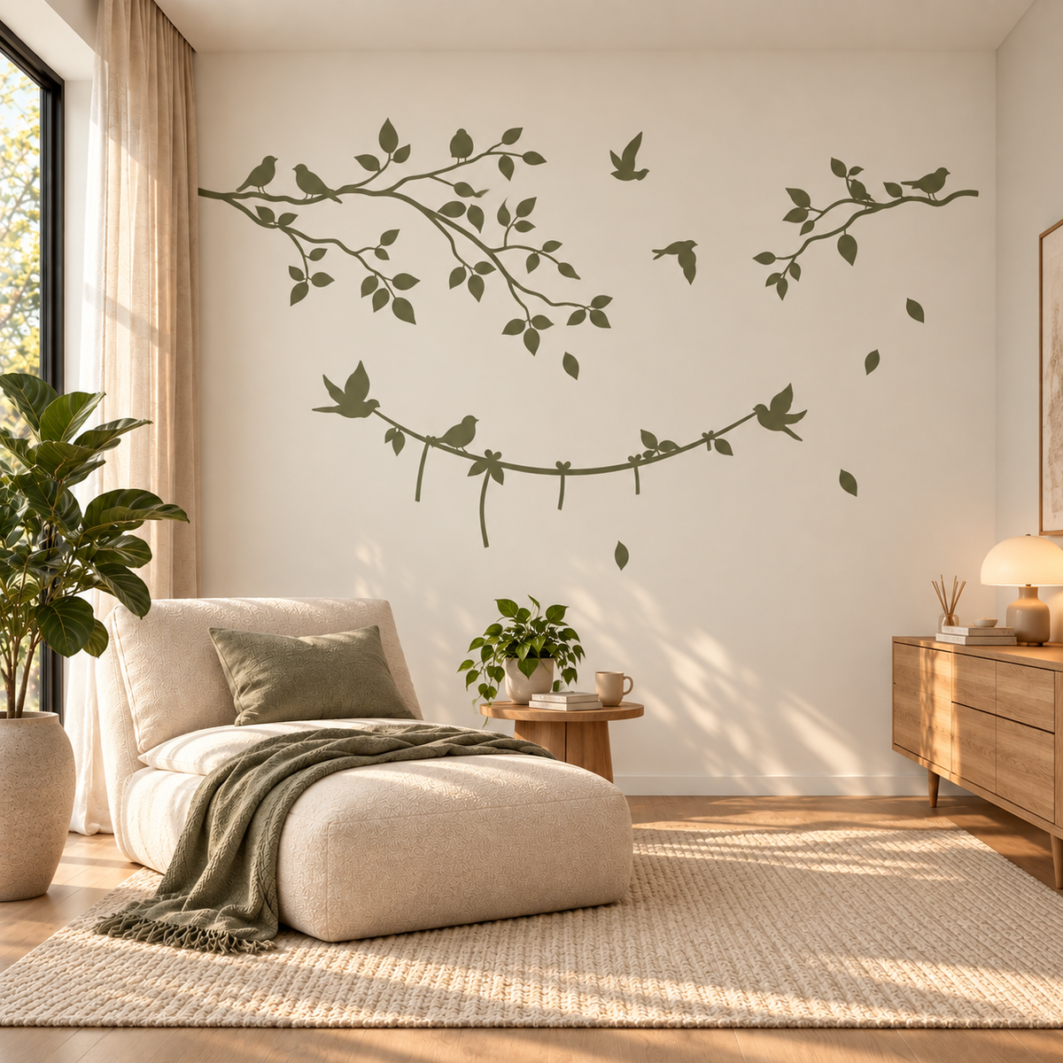 Birds and Leaves Wall Stencil in olive green on a neutral living room wall