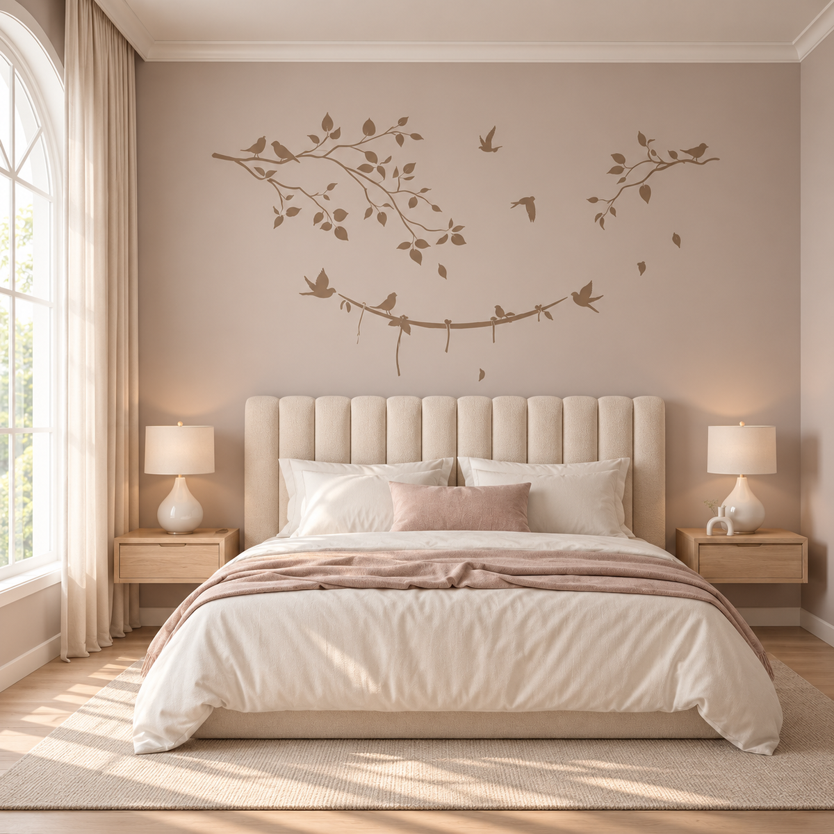 Birds and Leaves Wall Stencil in taupe on a soft blush bedroom wall