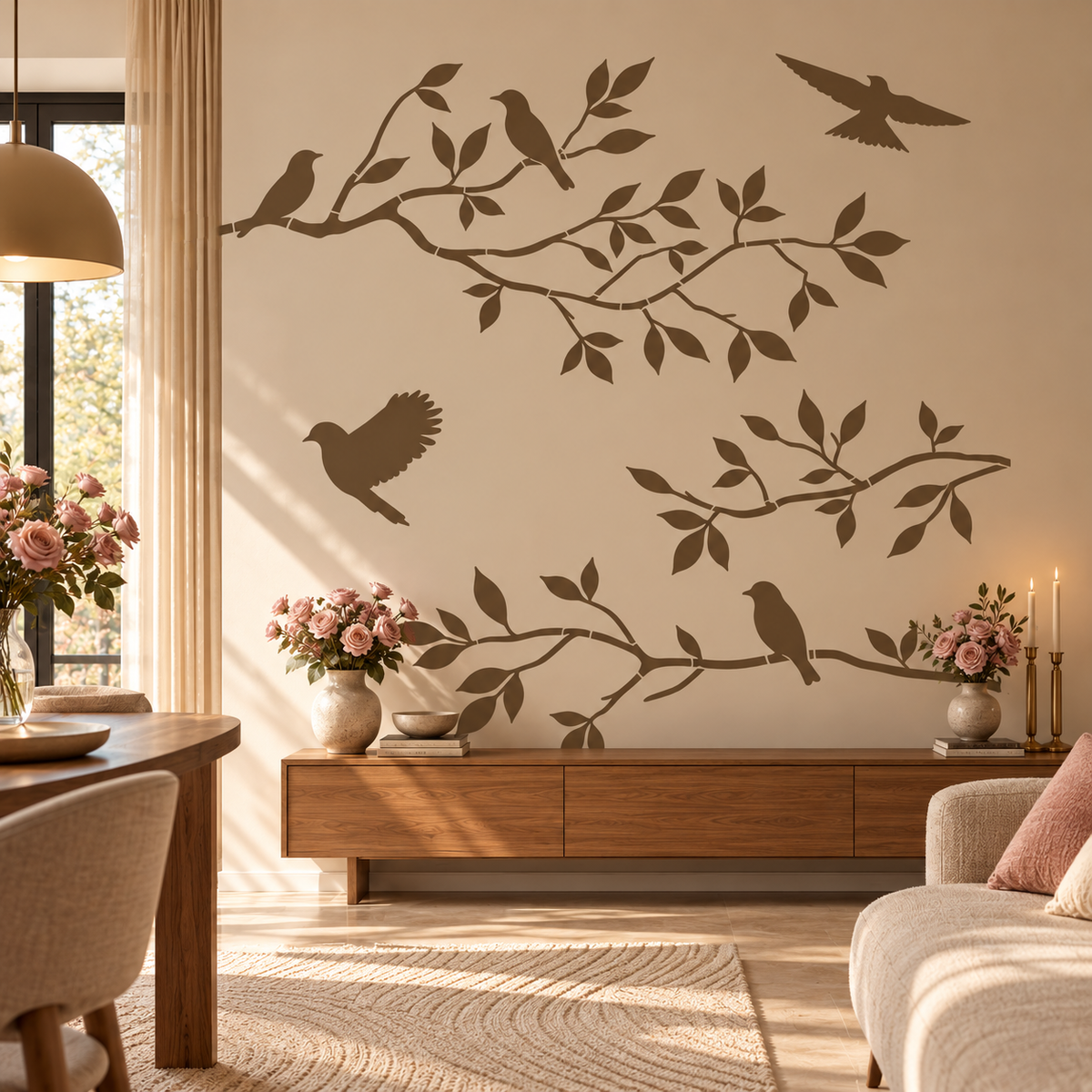 Brown birds and leafy branches wall stencil in a warm neutral living room