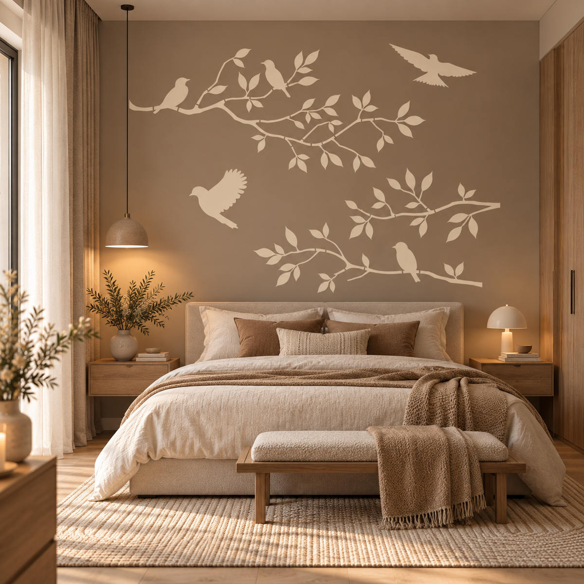 Cream birds and branches wall stencil on a taupe bedroom accent wall