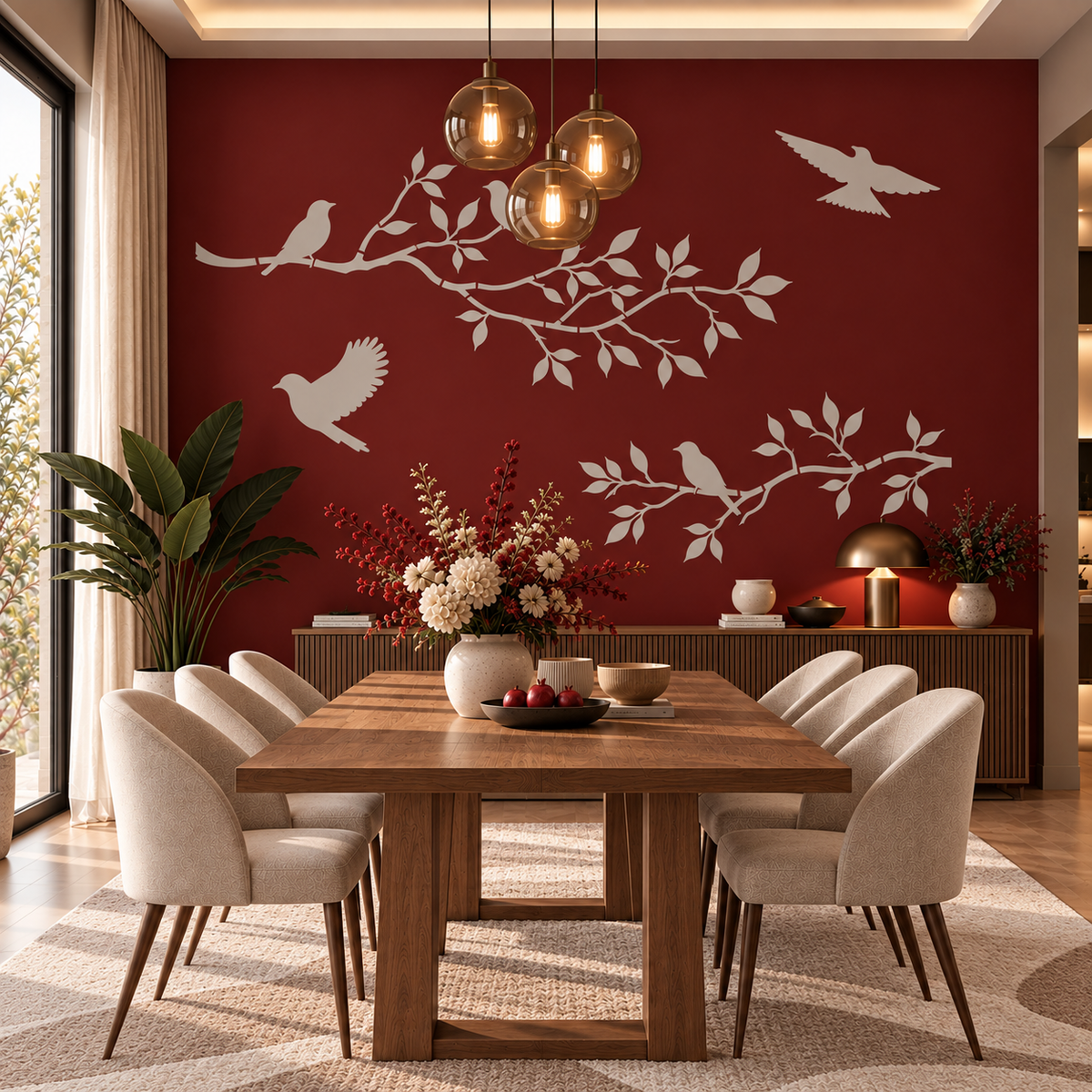 Cream birds and leafy branches wall stencil on a deep red dining room wall