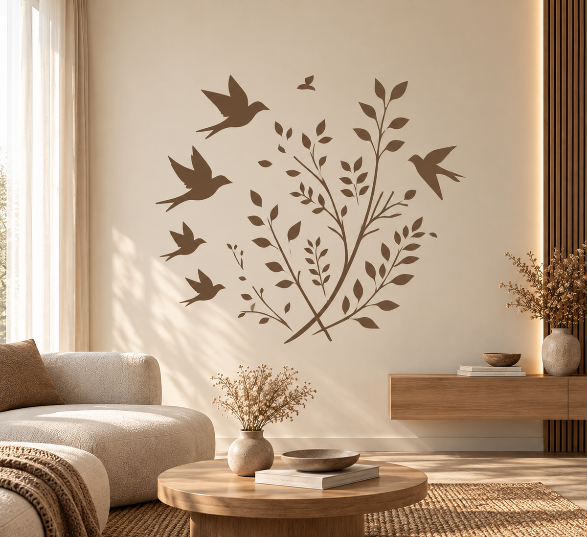 Decorative birds and branches wall stencil in earthy brown, styled as a large nature-inspired feature wall.