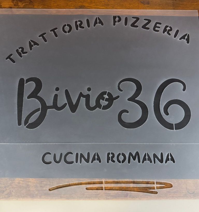 Personalized stencil template with Bivio36 logo and Cucina Romana lettering