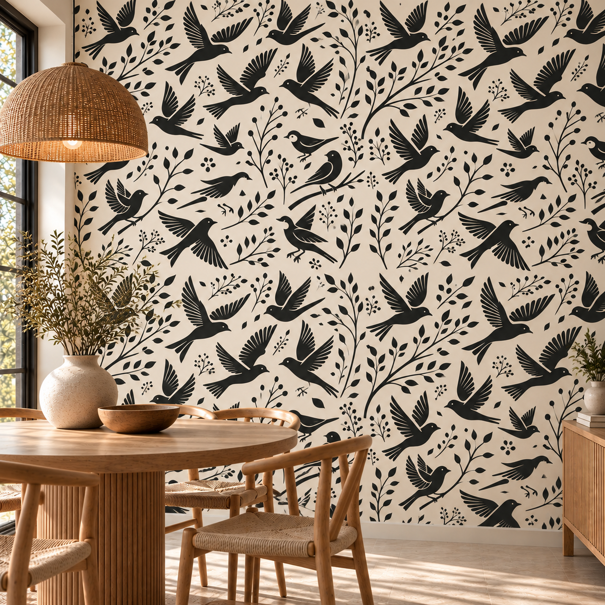 Bold black flying birds and leafy branches create a high-contrast botanical stencil wall in a warm modern dining space.