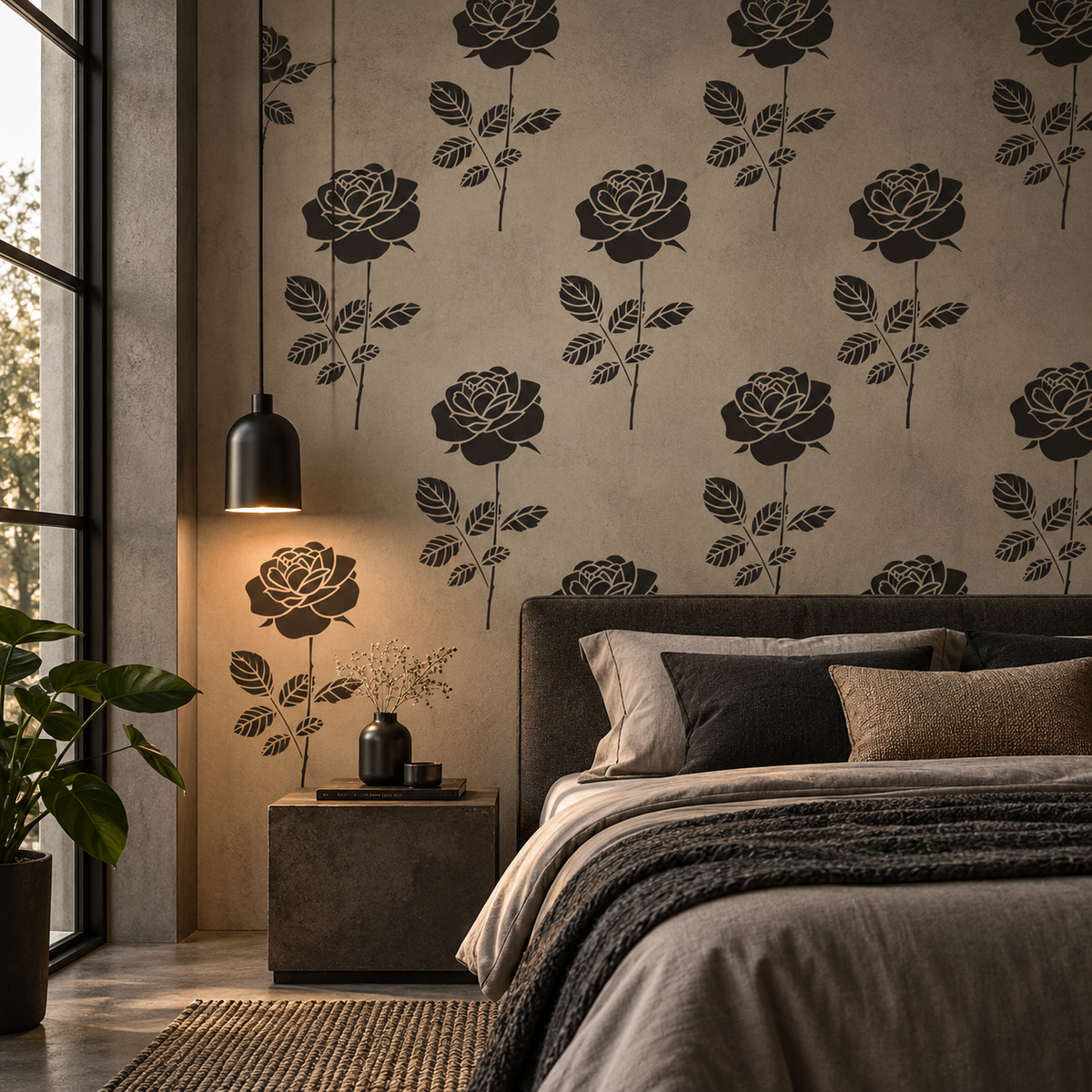 Black rose wall stencil pattern creating a dramatic floral feature wall in a sophisticated modern bedroom.
