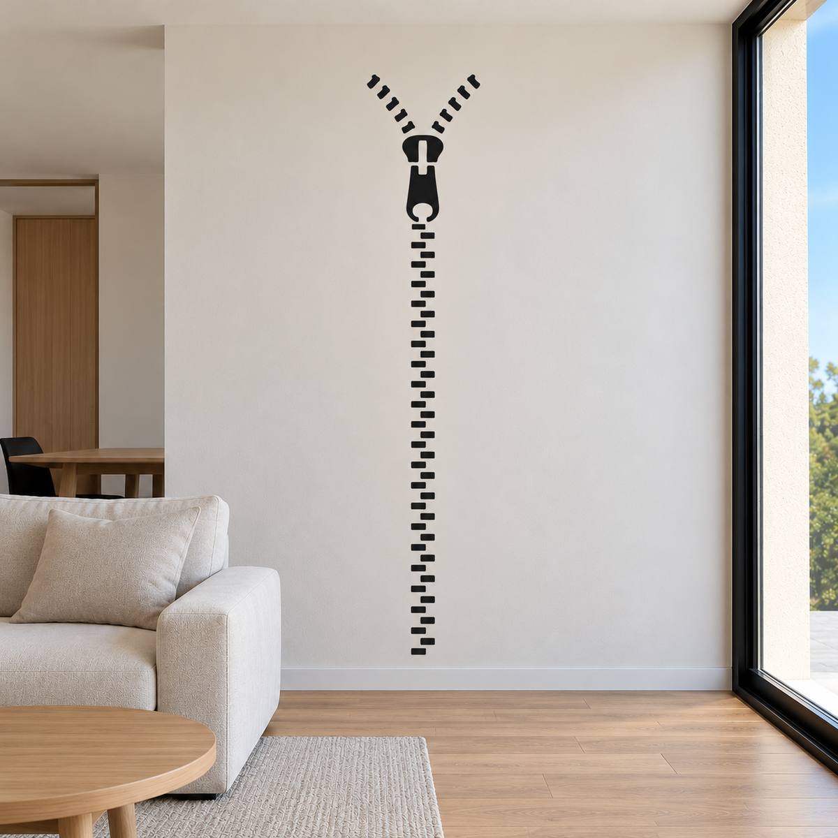 Black Zipper Design Stencil on a white wall in a bright minimalist living room with neutral furniture and natural wood accents.