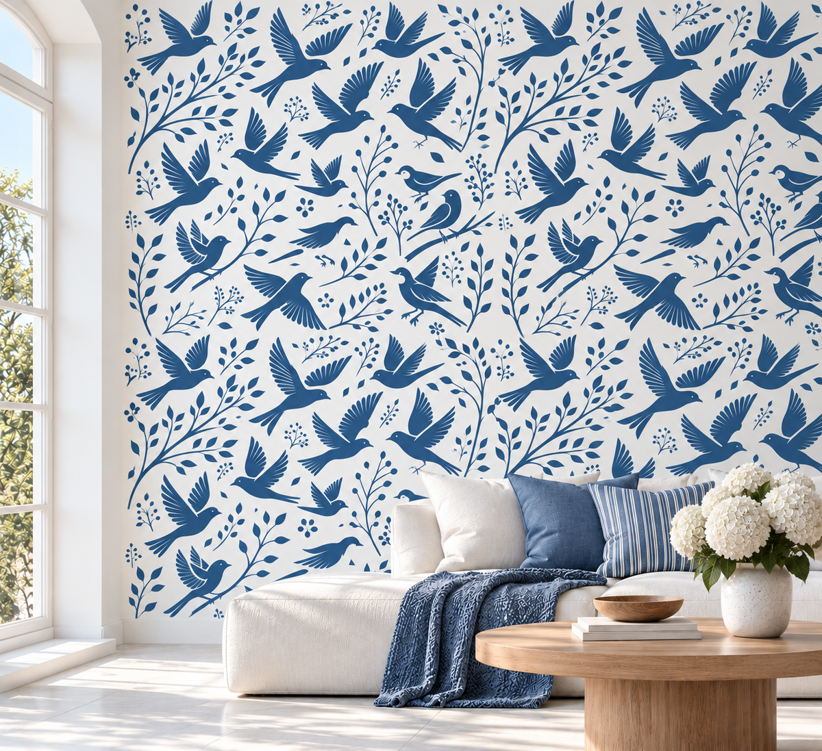 Blue flying birds, leafy branches, berries, and botanical sprigs create a fresh nature-inspired stencil pattern on a crisp white living room feature wall.