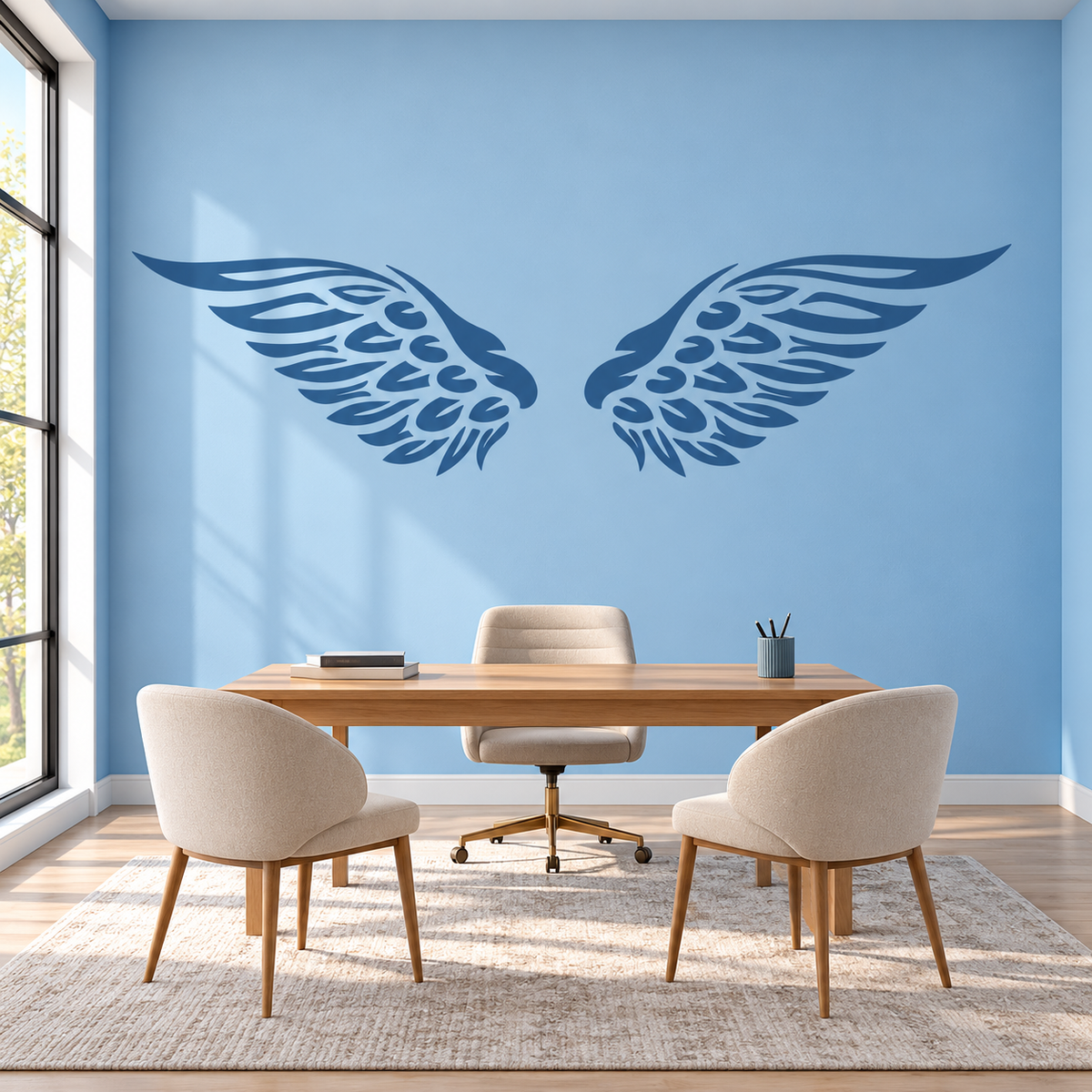 Large blue feathered wings wall stencil decorating a light blue feature wall behind a wooden desk in a bright contemporary office.