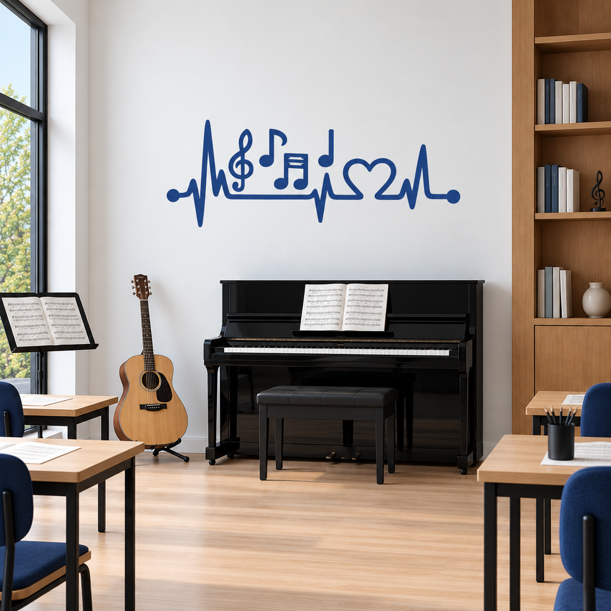 Blue musical heartbeat stencil with a heart and treble clef on a white wall above a black upright piano in a bright music classroom.