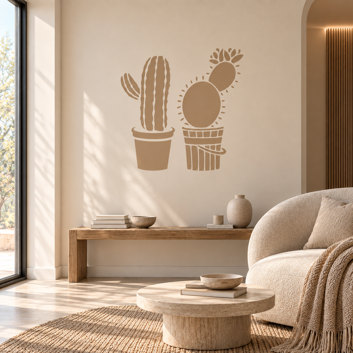 Boho cactus wall stencil in earthy brown tones decorating a warm neutral living room.