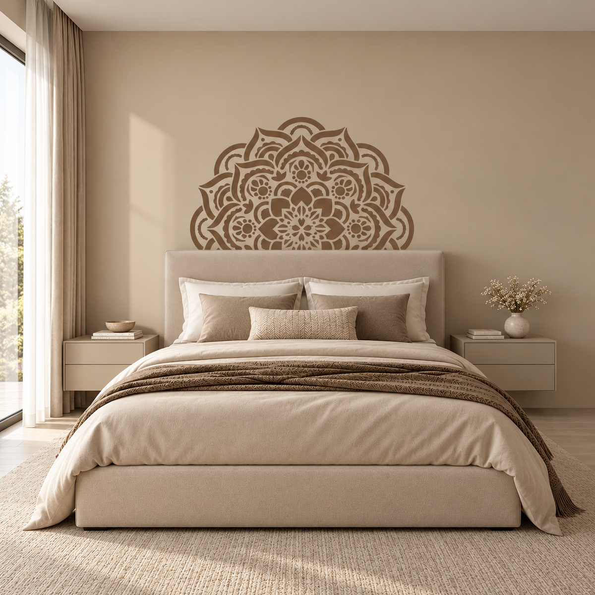 Boho Mandala Stencil in warm brown on a beige bedroom wall above an upholstered bed.