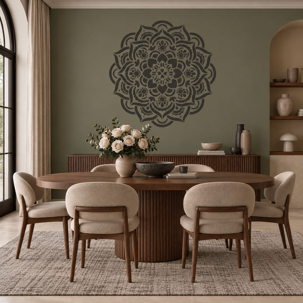 Boho Mandala Stencil in charcoal gray on an olive green wall above a wooden sideboard in a modern dining room.