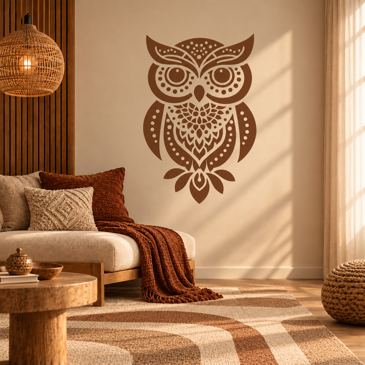 Brown ornamental owl stencil on a warm cream wall in a cozy boho living room with wood accents and terracotta textiles.