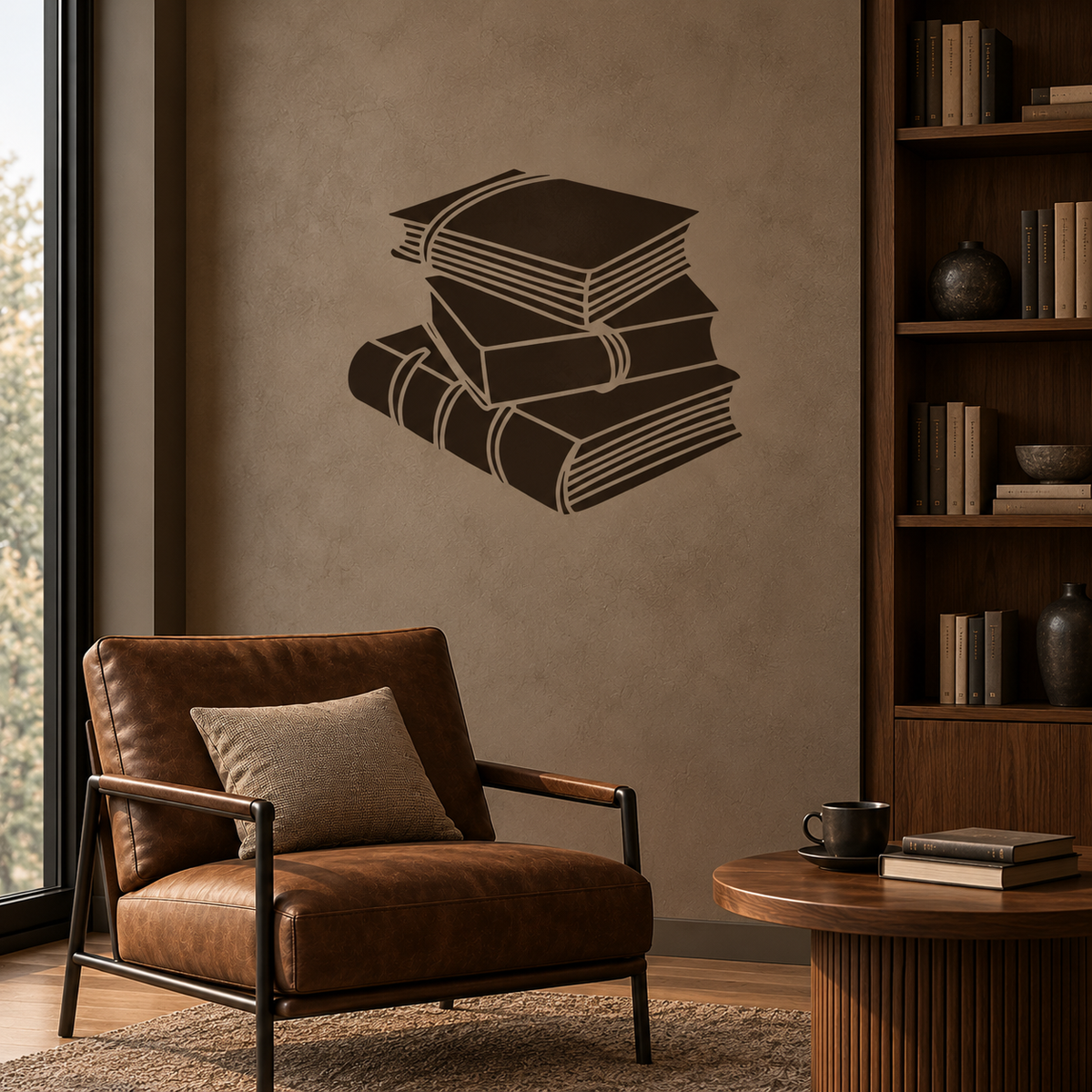 Dark brown Books Stencil featuring stacked books on a warm taupe wall above a leather armchair in a cozy reading nook.