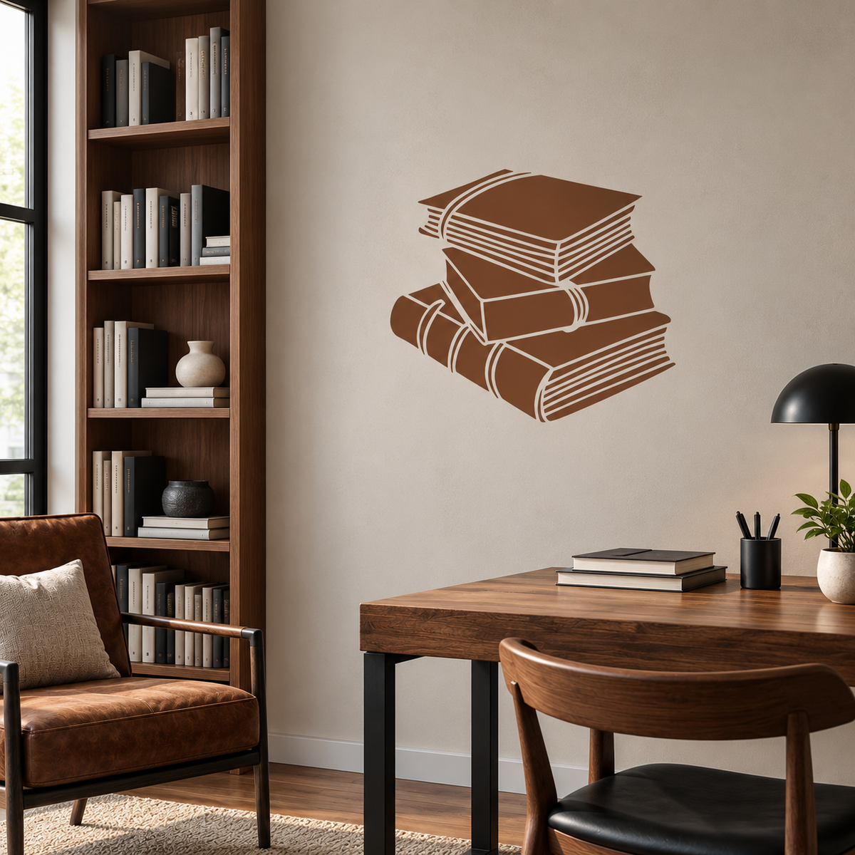 Terracotta Books Stencil showing a stack of books on a cream wall beside a wooden bookshelf in a cozy home library.