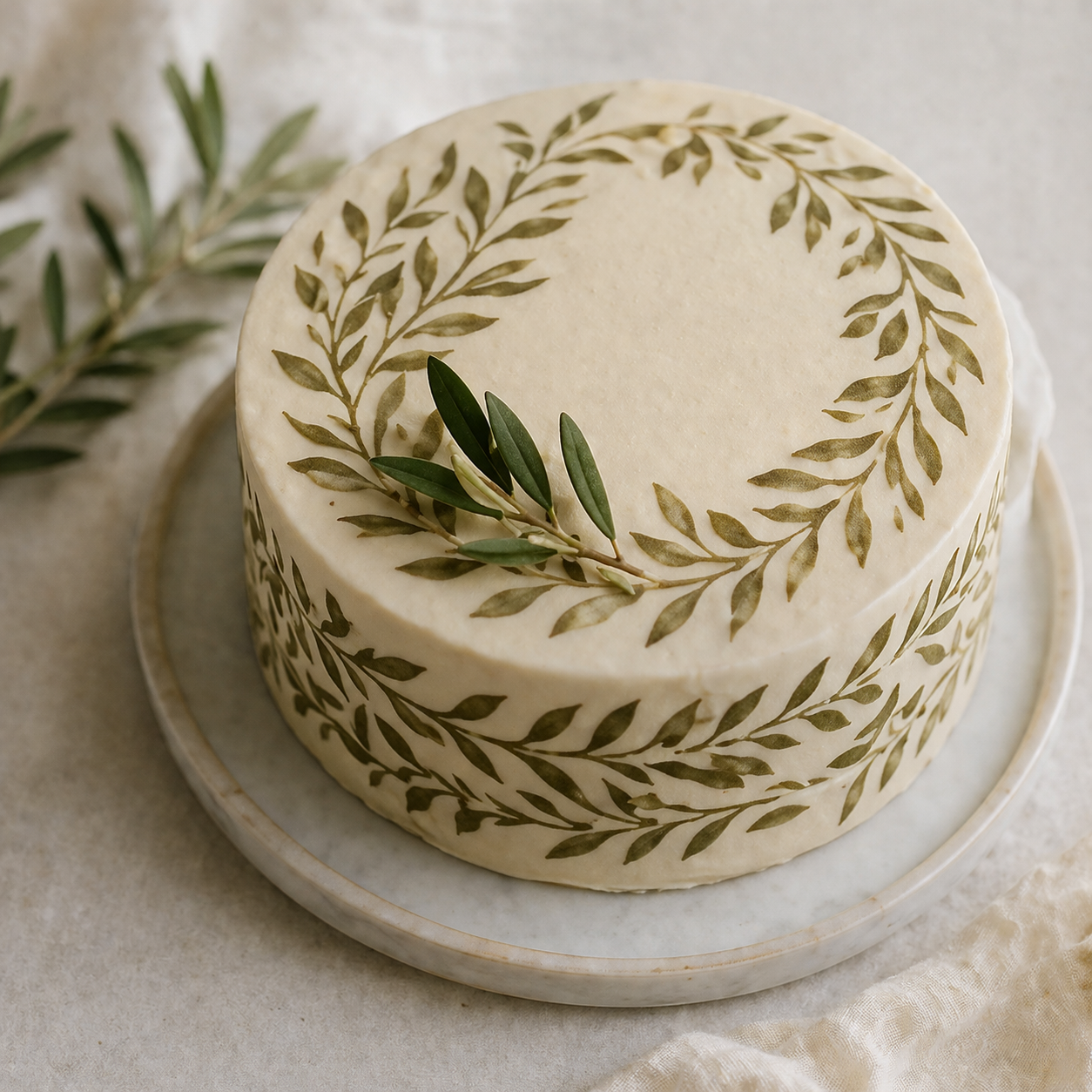 botanical cake stencil with olive leaf pattern on buttercream cake