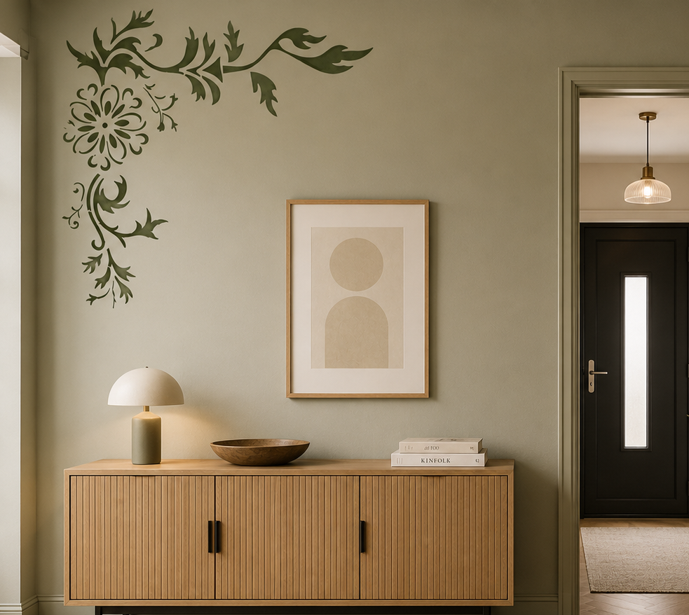 Botanical corner wall stencil with decorative floral vines creating an elegant accent in a modern entryway