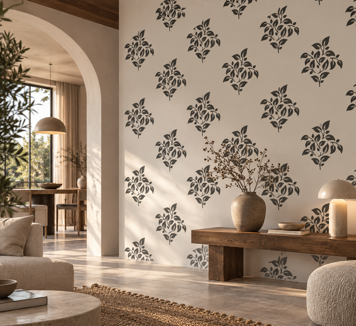 Botanical Leaf Stencil in charcoal gray on a warm neutral wall in a modern living room.
