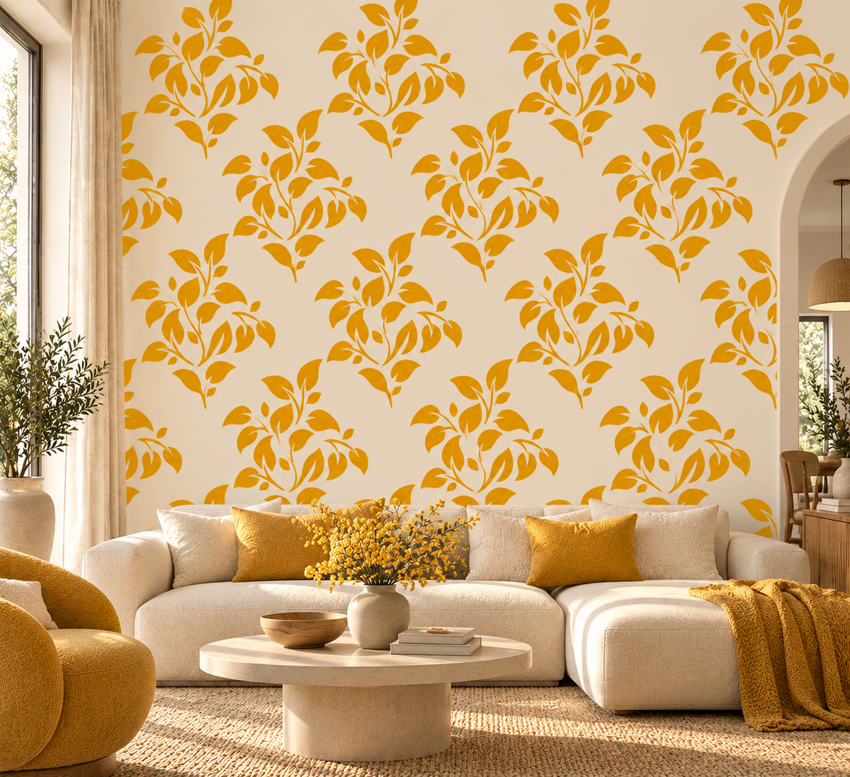 Botanical Leaf Stencil in mustard yellow on a cream accent wall in a bright modern living room.
