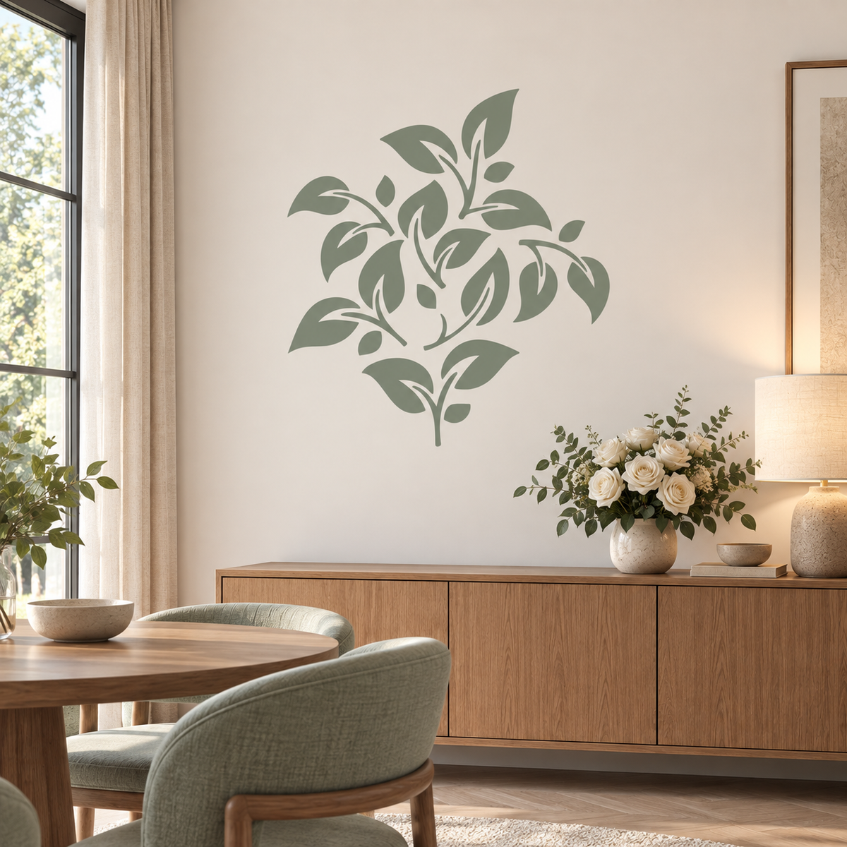 Botanical Leaf Stencil in soft sage green as a large botanical wall accent in a modern dining room.