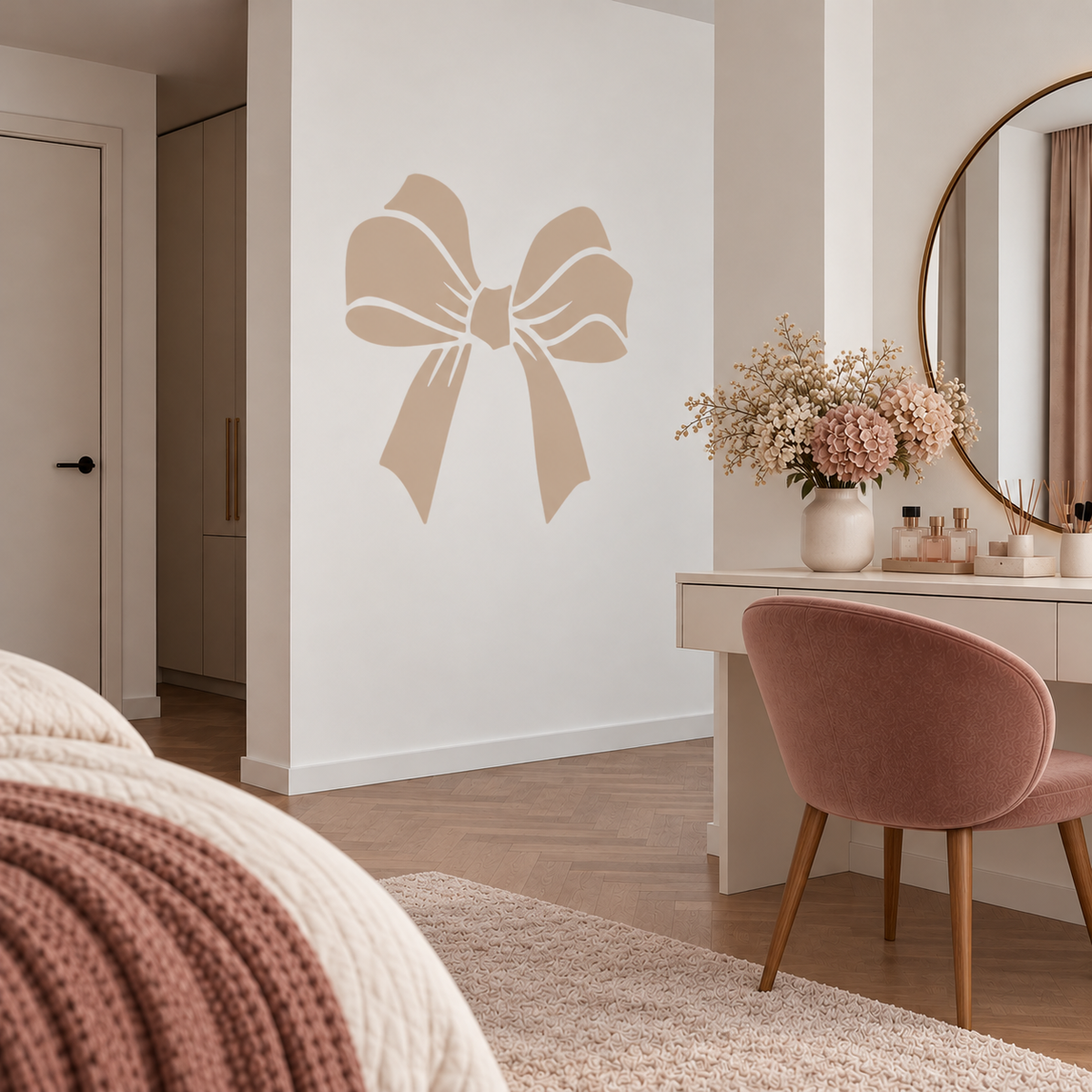 Bow Stencil in soft beige on a white wall beside an elegant makeup vanity in a neutral bedroom.