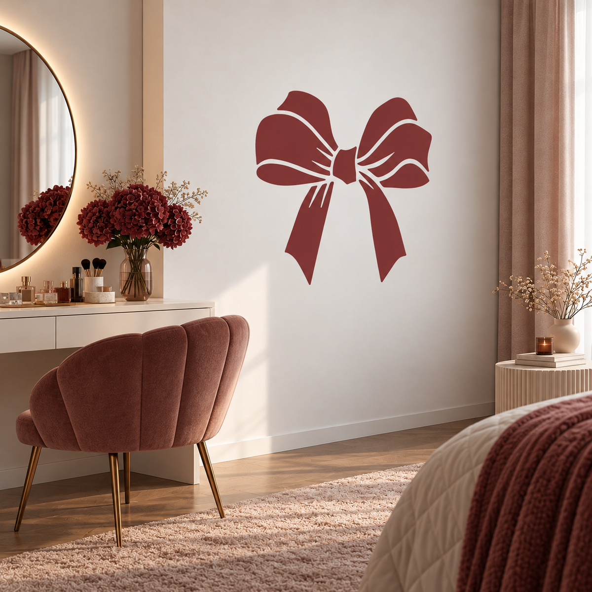 Bow Stencil in burgundy on a white bedroom wall beside a makeup vanity with a pink velvet chair.