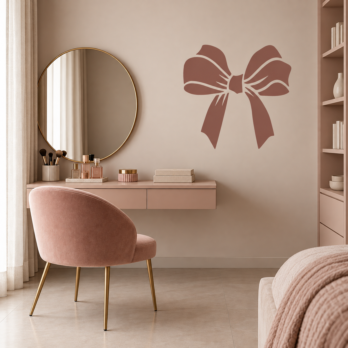 Bow Stencil in dusty rose on a beige wall above a pink makeup vanity with a round mirror.
