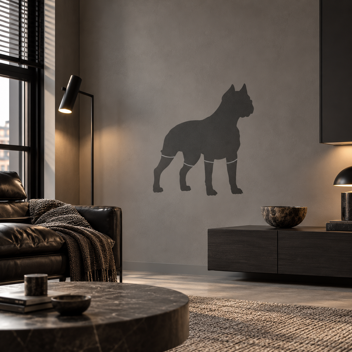 Boxer Dog Stencil in dark gray on a warm gray wall in a modern living room with black leather sofa and dark wood furniture