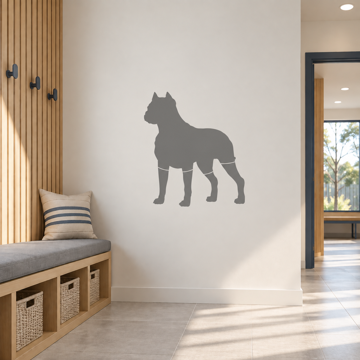 Boxer Dog Stencil in soft gray on a white wall in a modern entryway with wooden bench and coat hooks