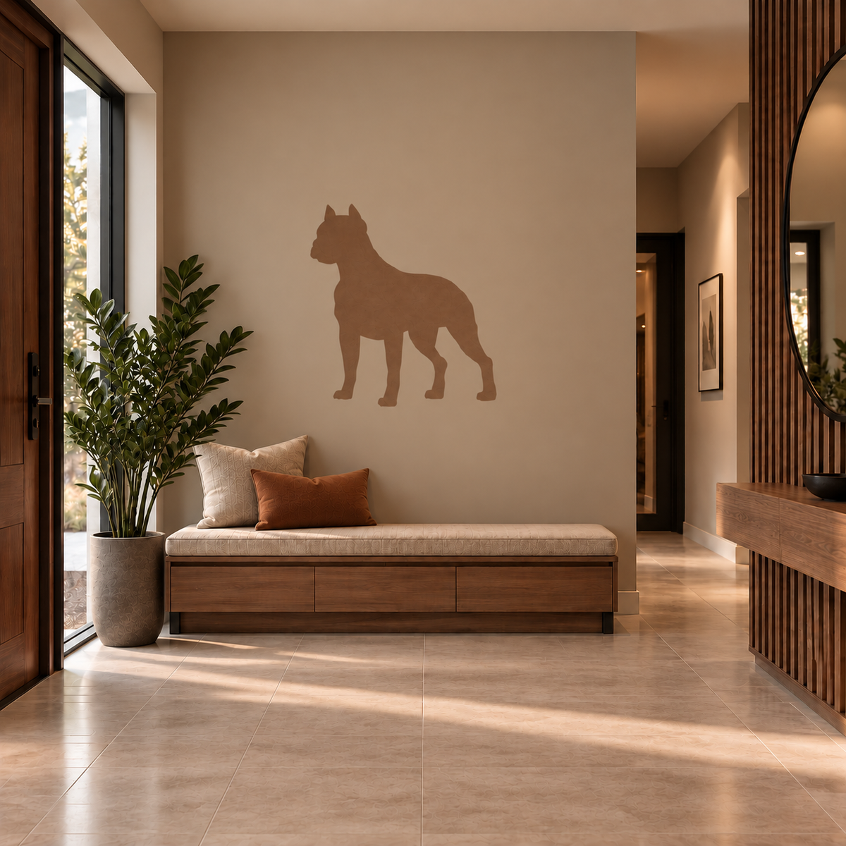 Boxer Dog Stencil in warm brown on a beige wall above a wooden bench in a cozy modern entryway