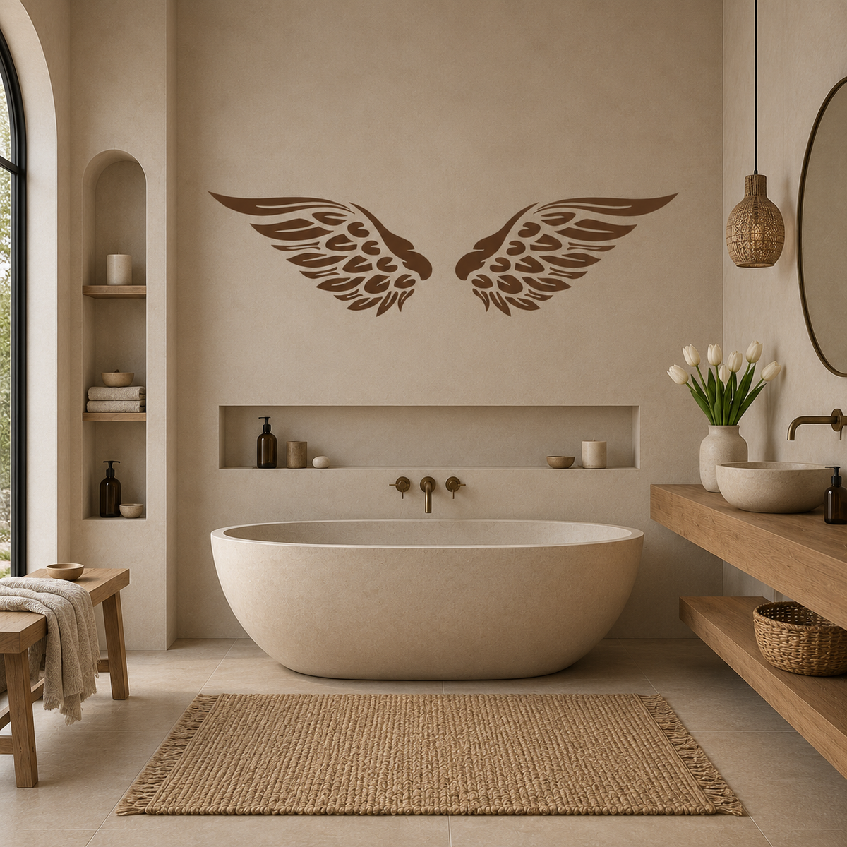 Decorative brown angel wings painted above a freestanding bathtub, adding a peaceful, spa-inspired touch to a luxurious beige bathroom.