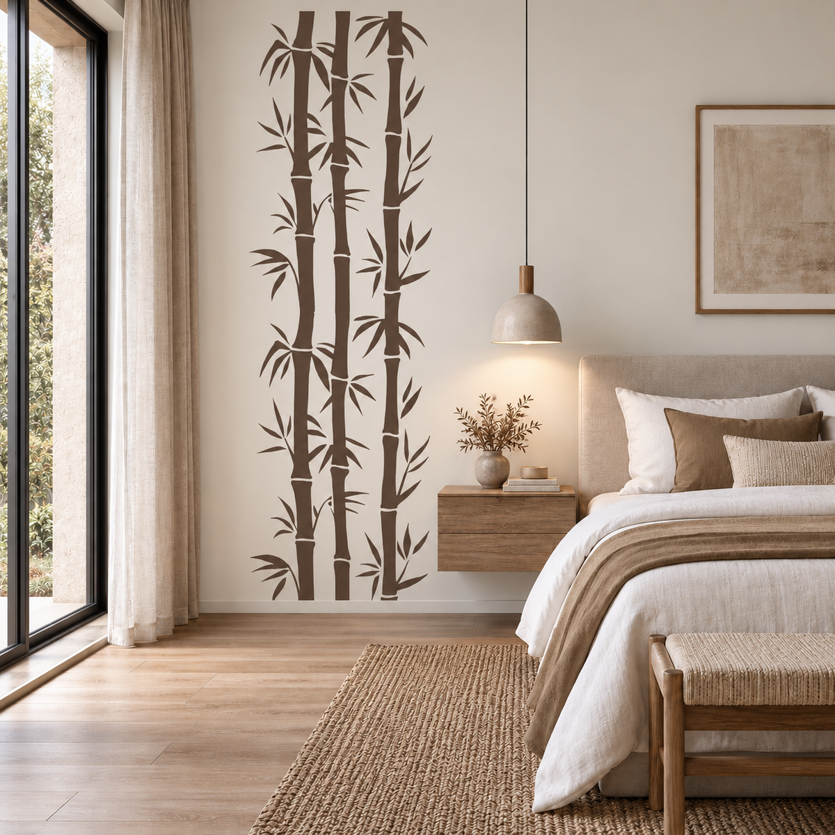 Earthy brown bamboo wall mural in a calm organic modern bedroom.