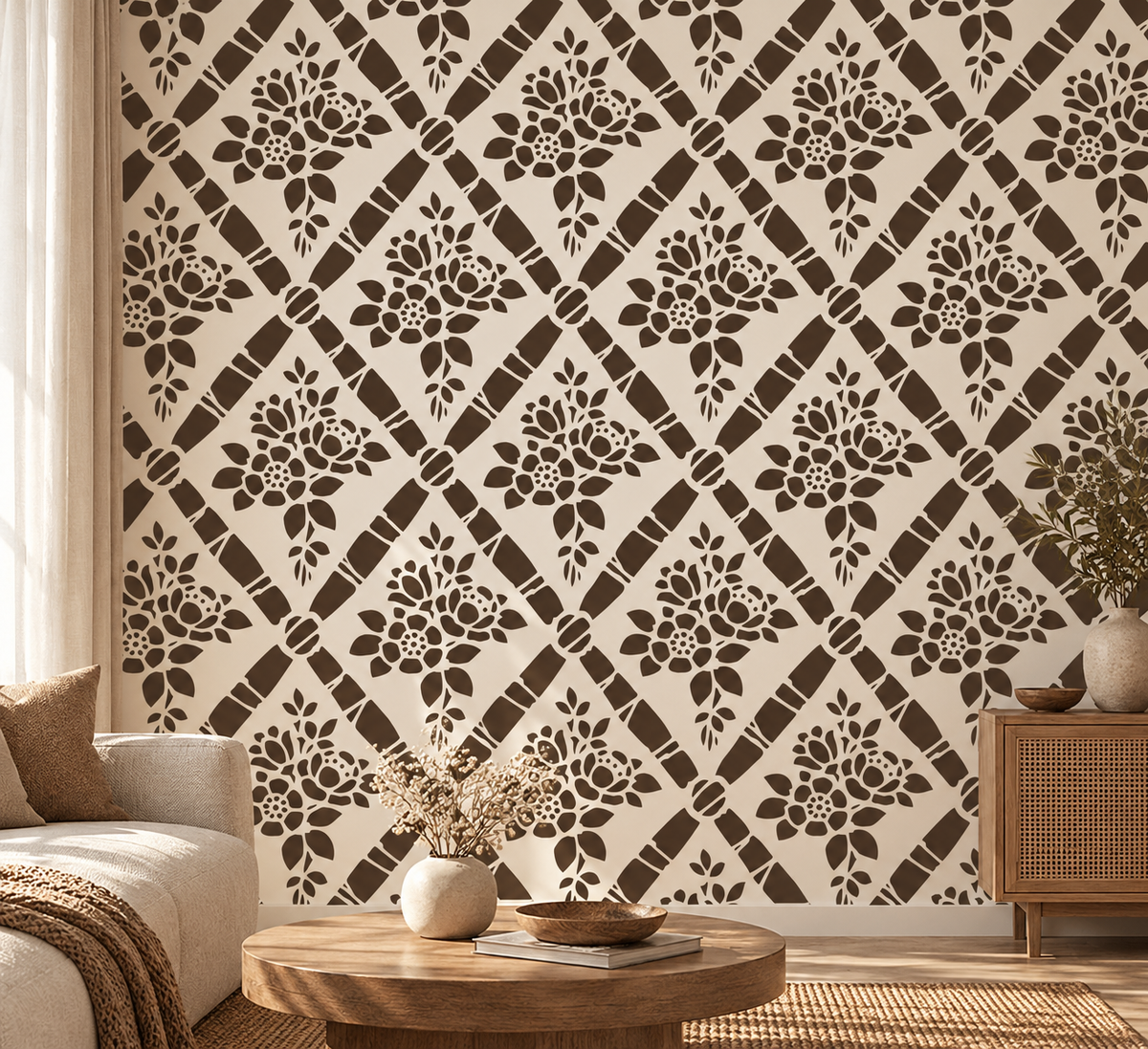 Brown floral diamond wall stencil creating a bold repeating pattern in a warm modern living room.