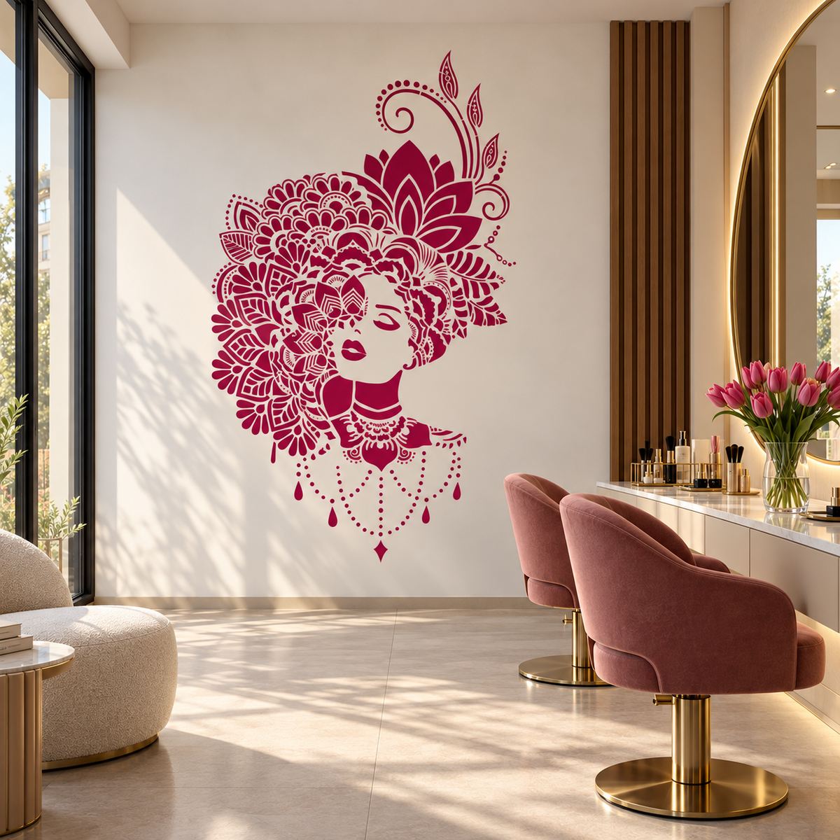 Burgundy floral woman wall stencil with an intricate mandala headdress and decorative lotus motifs in a luxurious beauty salon with pink velvet chairs.