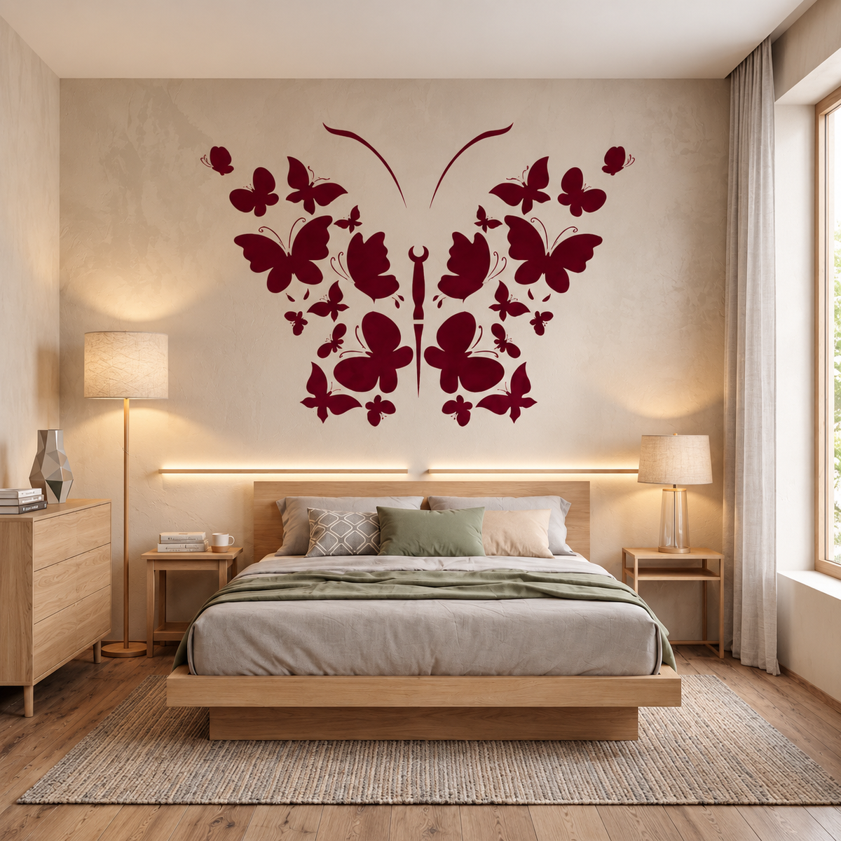 Butterfly Cluster Stencil in burgundy red on a neutral wall above the bed in a modern bedroom