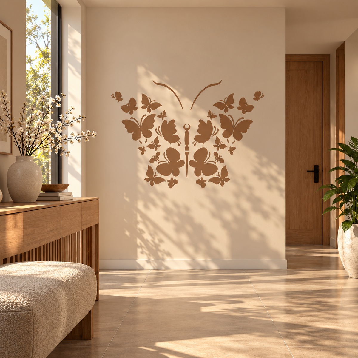 Butterfly Cluster Stencil in warm brown on a neutral wall in a modern sunlit entryway