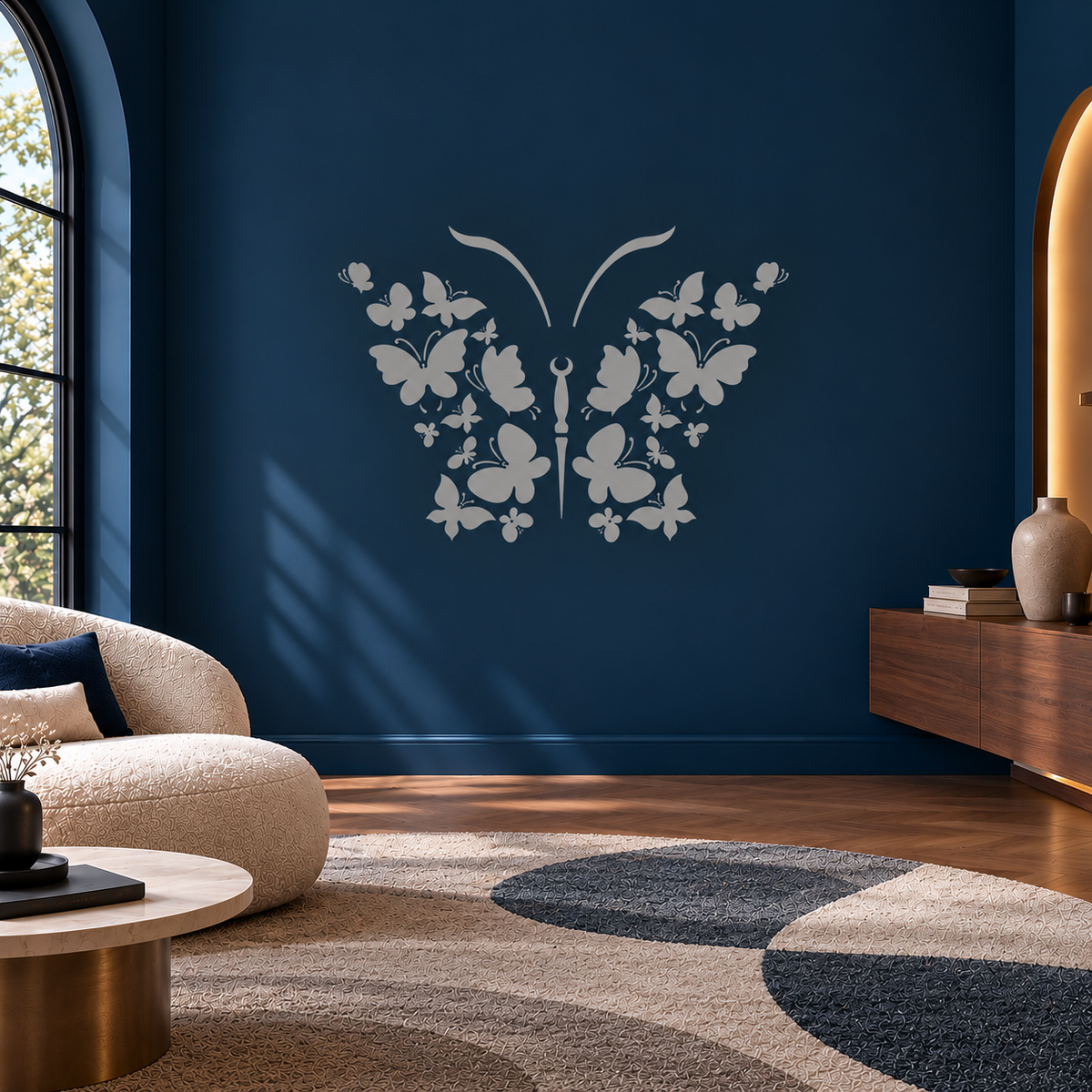 Butterfly Cluster Stencil in warm white on a navy blue wall in a modern living room