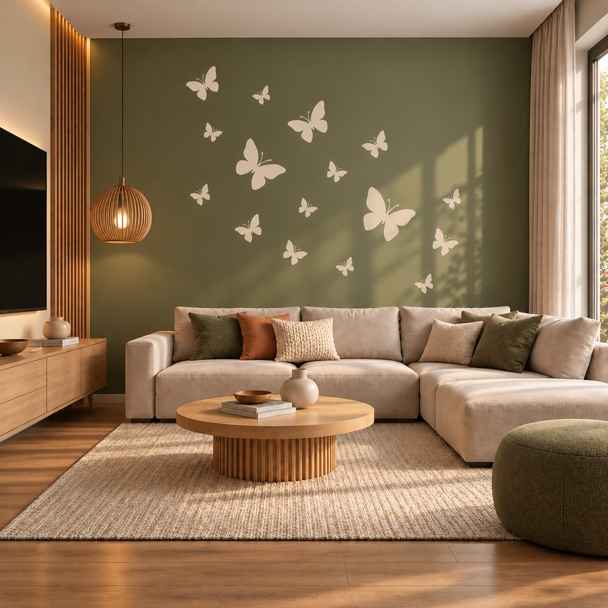 Butterfly Pattern Stencil in soft cream on an olive green wall in a modern living room