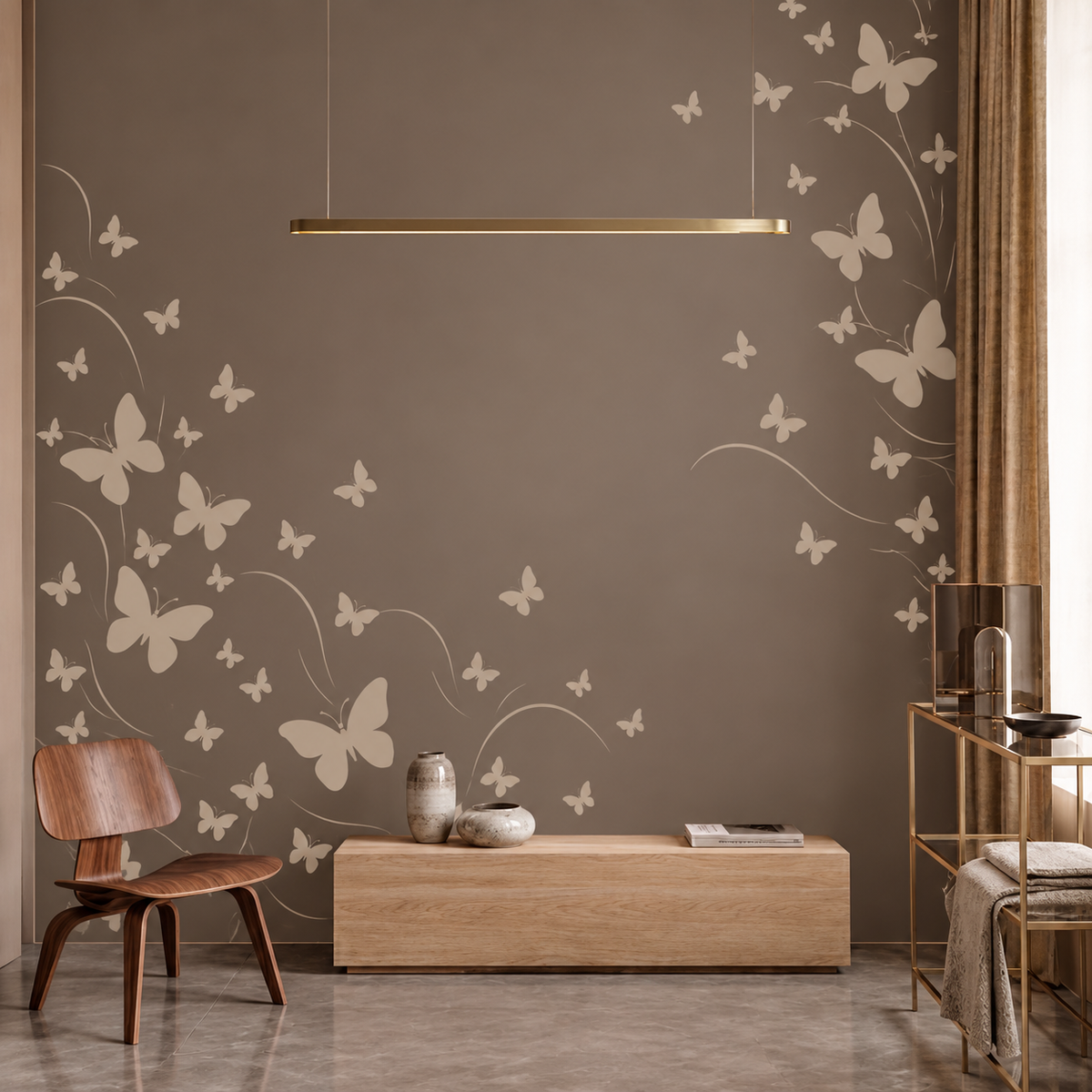 Butterfly Pattern Stencil in soft cream on a warm neutral wall in a modern interior