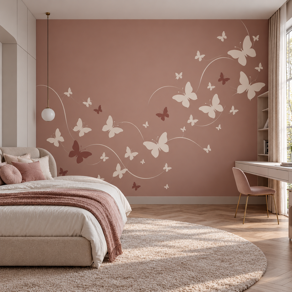 Butterfly Pattern Stencil in soft cream and dusty rose on a pink accent wall in an elegant bedroom